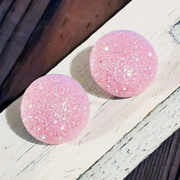 Retro 80s Club Glam Disco Sparkly Light Pink Fabric Button Earrings - Picture 1 of 9
